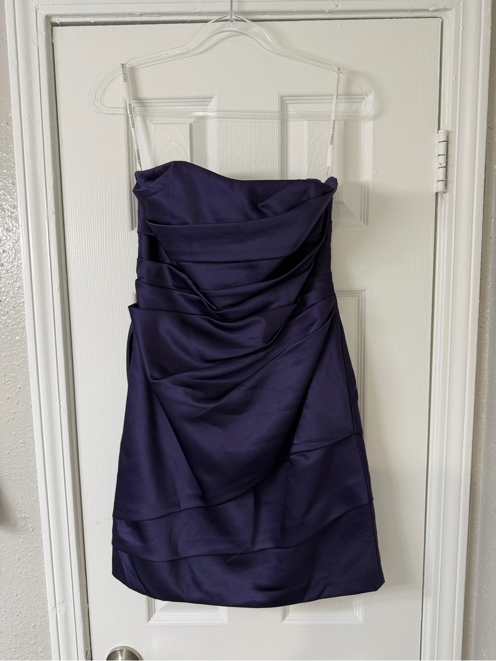 David's Bridal Plum Strapless Ruched Satin Cocktail Dress